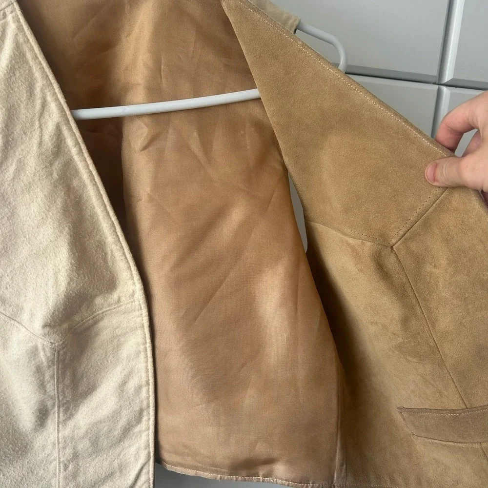 Vintage Reversible Cropped Vest Cream Textured Wool Camel Faux Suede Waistcoat